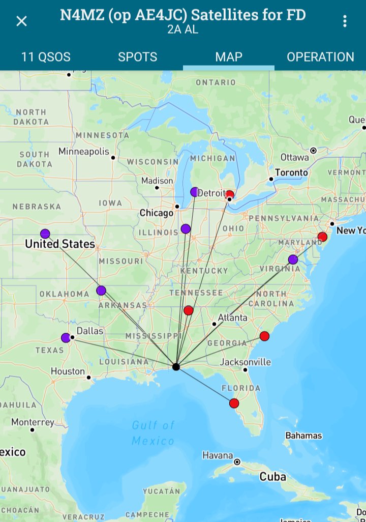Contact map for 11 N4MZ satellite QSOs during Summer Field Day 2025