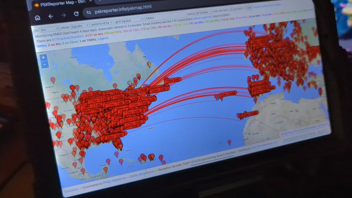 PSKReporter map showing 6m reception reports reaching Europe from EM60