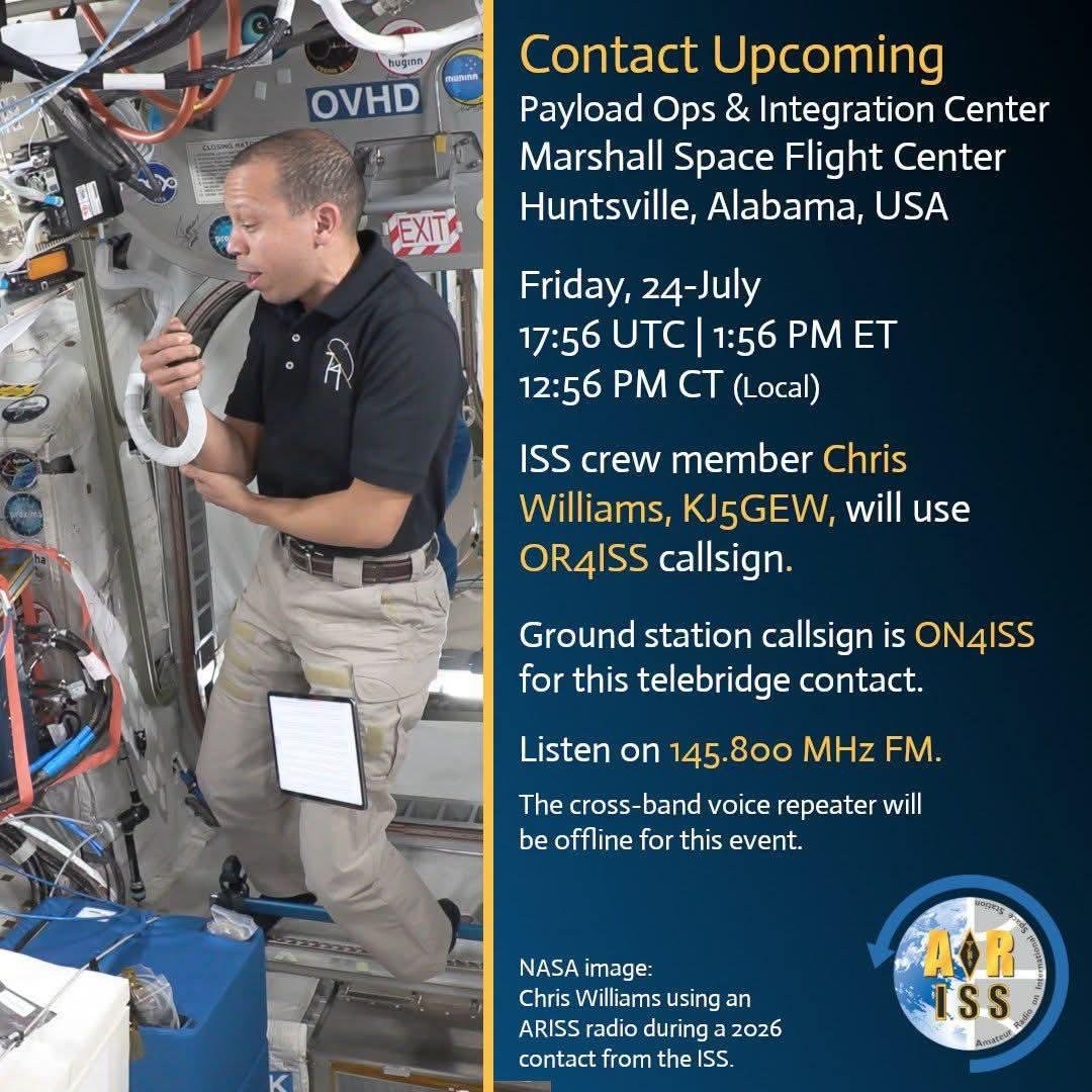 ARISS announcement graphic for the Marshall Space Flight Center telebridge contact