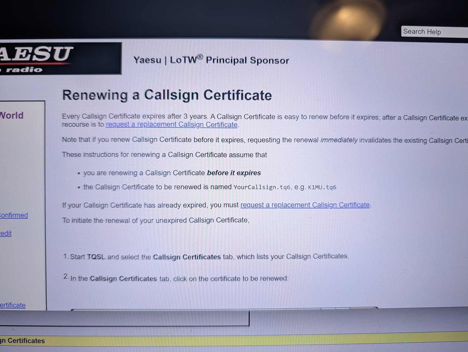 ARRL Logbook of The World help page on renewing a callsign certificate