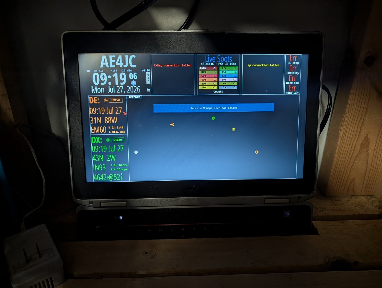 HamClock display showing failed connections for X-ray, Kp and weather data