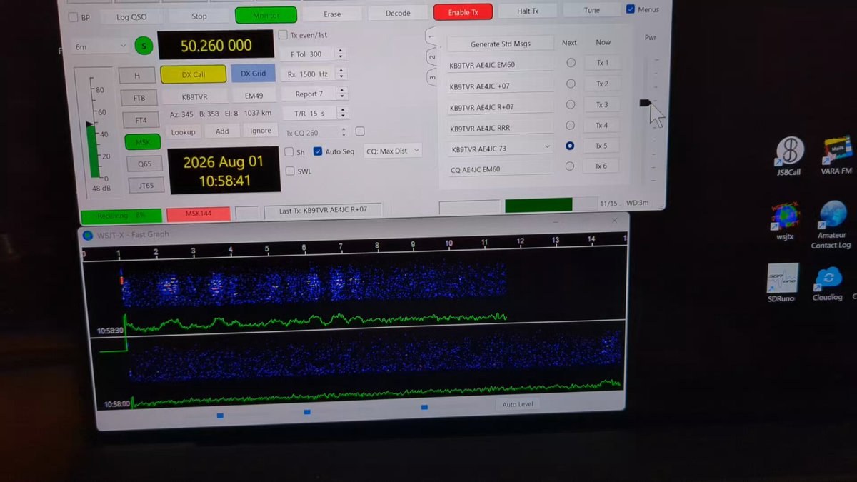 WSJT-X running MSK144 on 6m with the completed KB9TVR contact