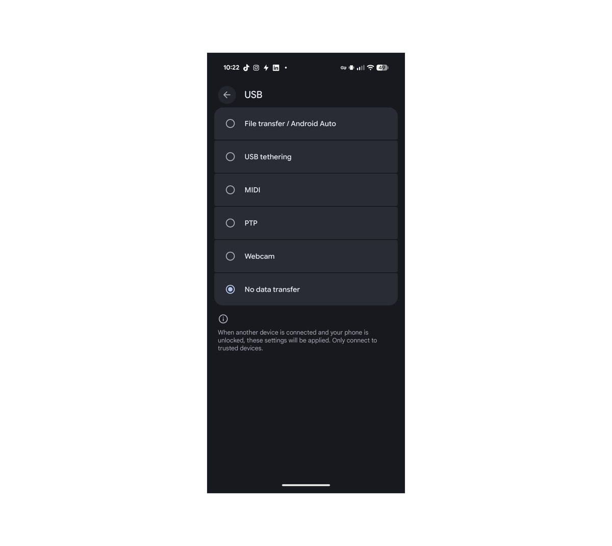 Developer options USB configuration set to No data transfer