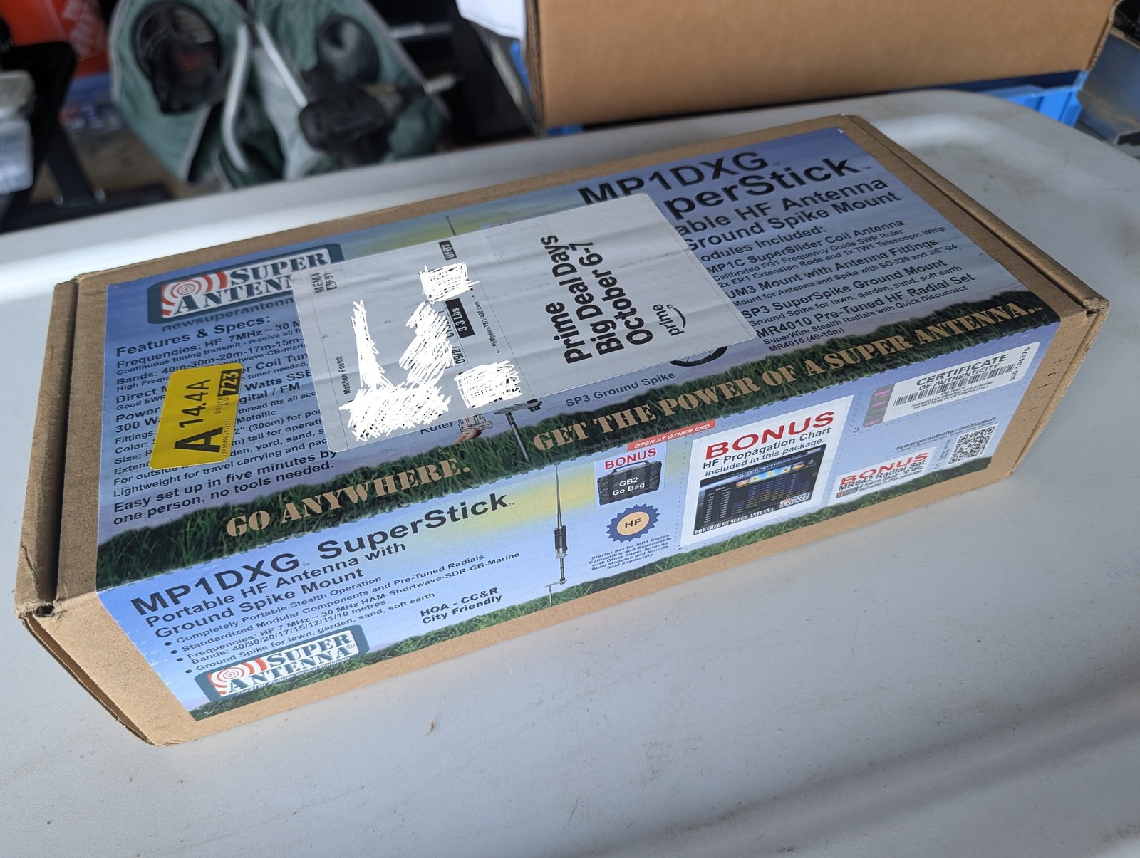 A Super Antenna MP1DXG SuperStick portable HF antenna kit in its shipping box