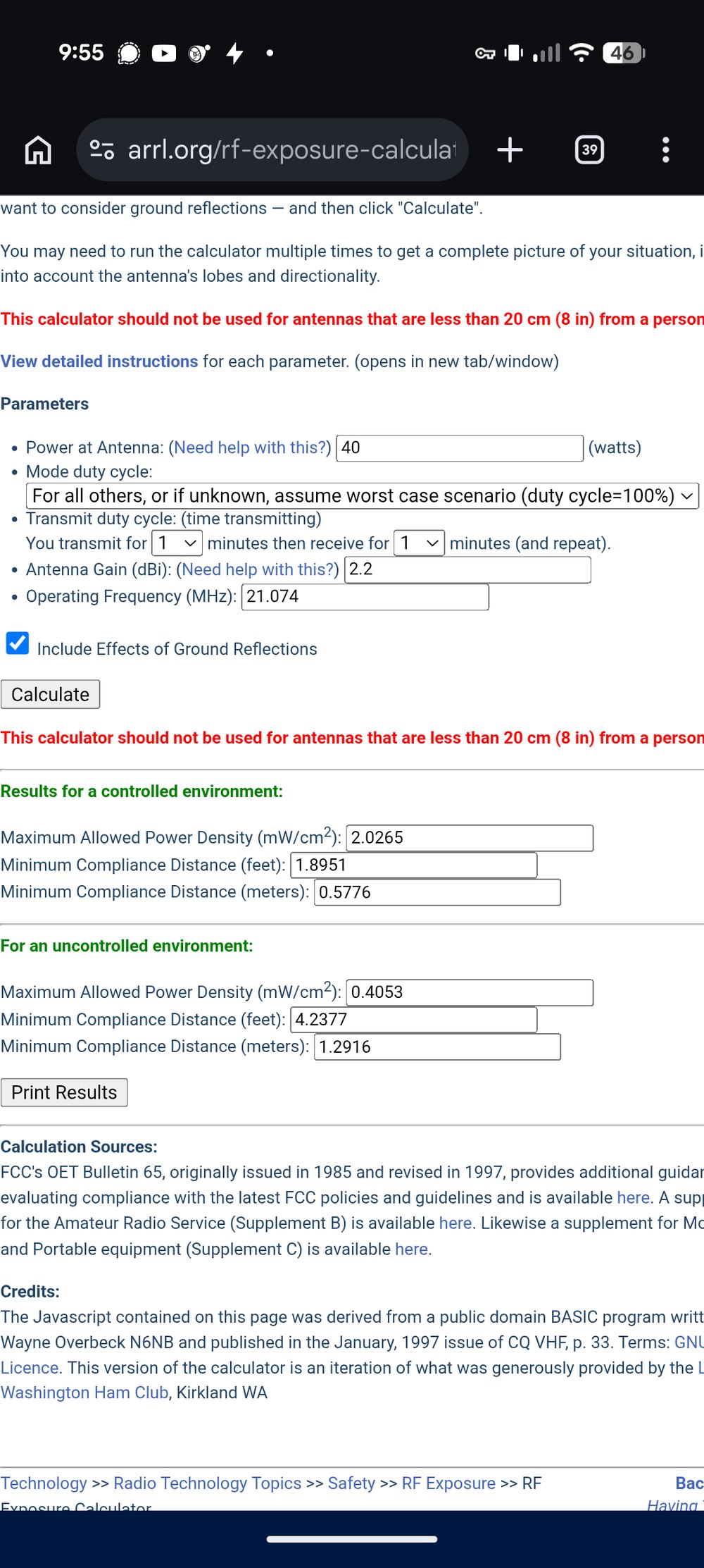 The ARRL RF Exposure Calculator with my station’s numbers