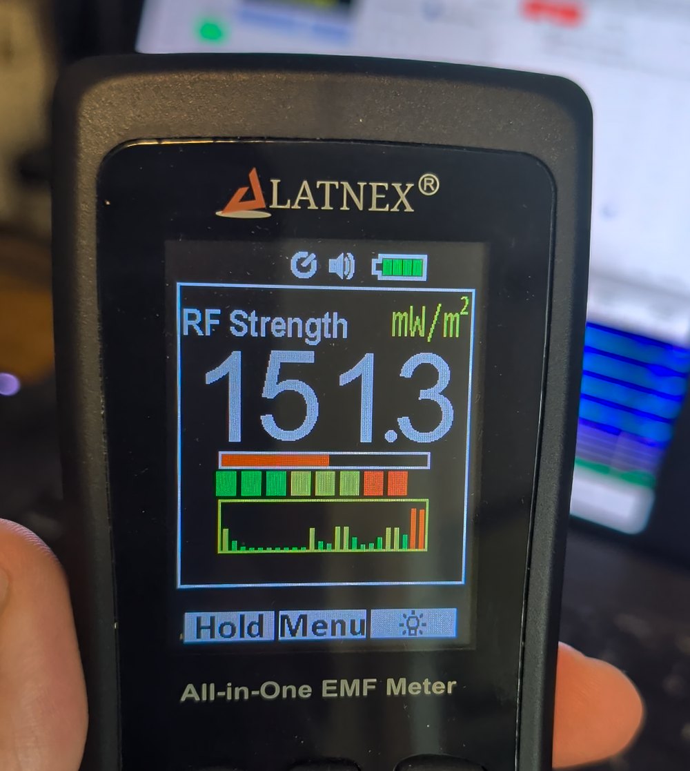 The LATNEX AF-3500 reading 151.3 mW/m²
