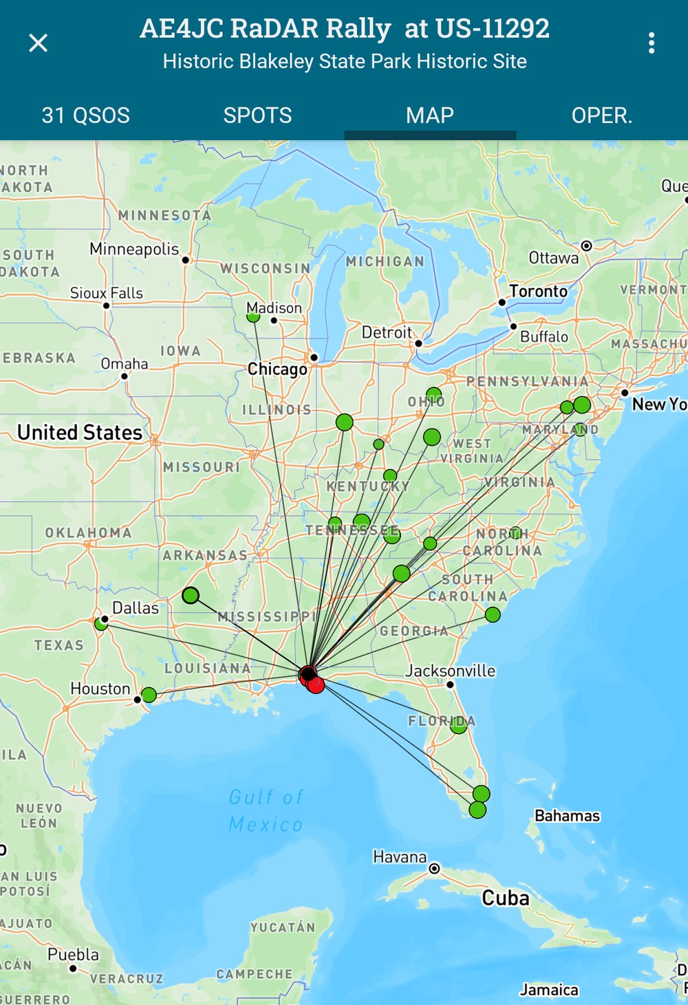Contact map for the April 2026 activation showing 31 QSOs worked from US-11292