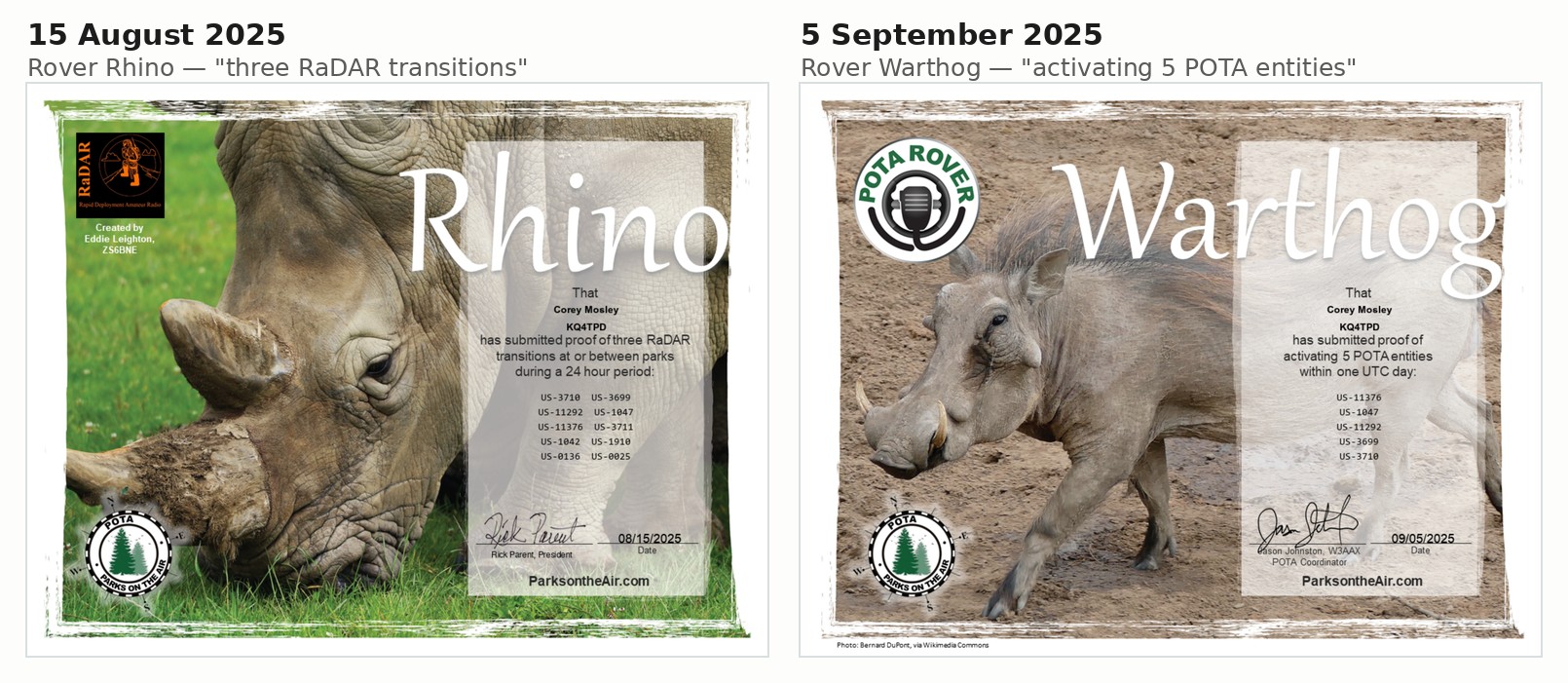 KQ4TPD’s Rover Rhino from 15 August 2025 with the orange RaDAR logo and transition wording, beside his Rover Warthog from 5 September 2025 with a green POTA ROVER badge and the current park-count wording